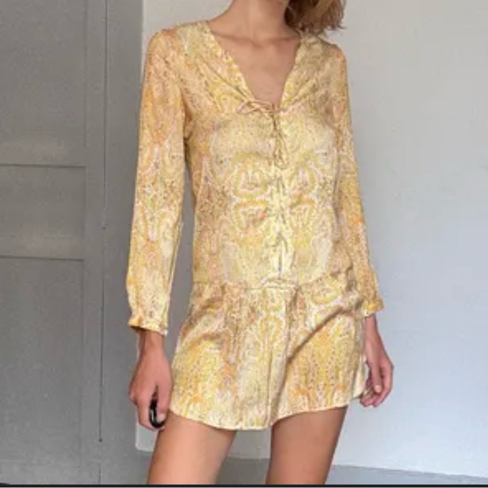 Zara Boho Paisley Long Sleeve‎ Yellow Cream Tunic Mini-Dress Sz S